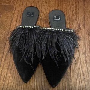 White House Black Market Black Feather Embellished Mules